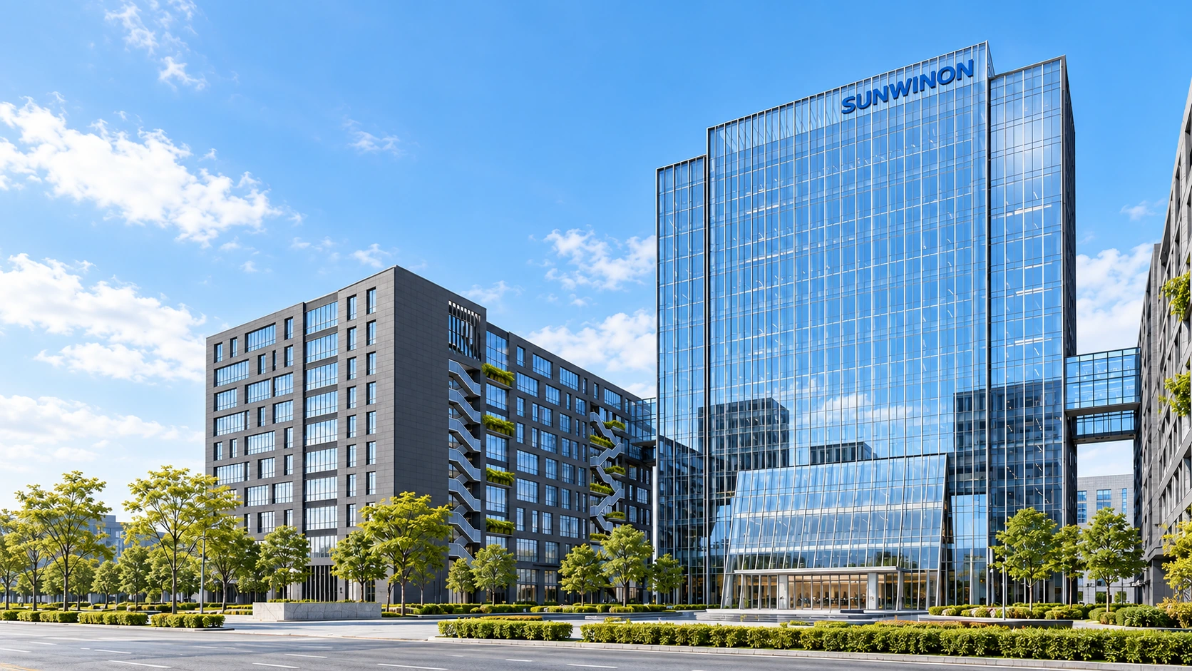 保留原园区建筑结构、精修幕墙细节并替换为 SUNWINON 标识的大楼效果图