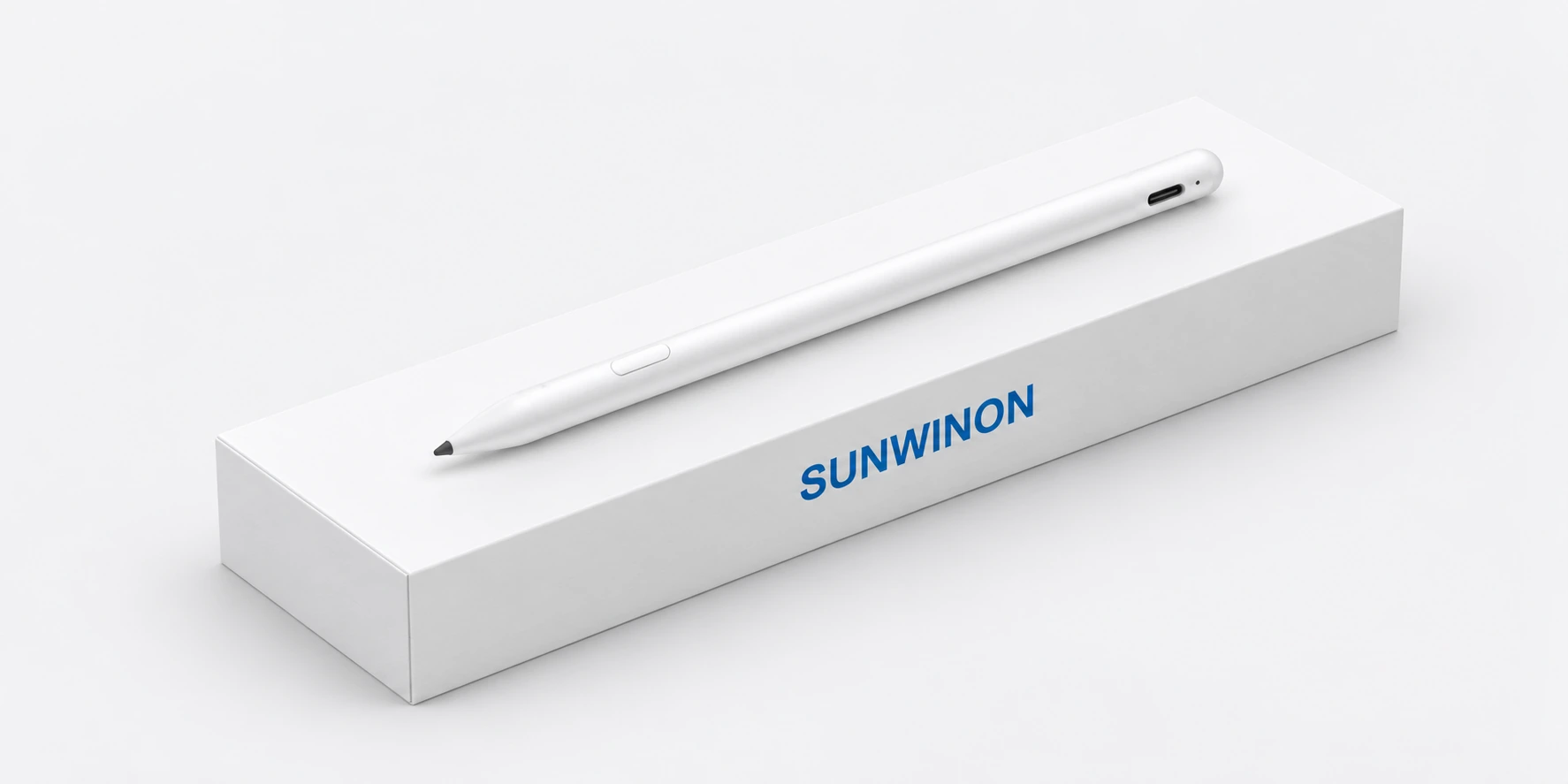 白色电子笔置于白色包装盒上，包装侧面印有 SUNWINON 欣威智能品牌标识